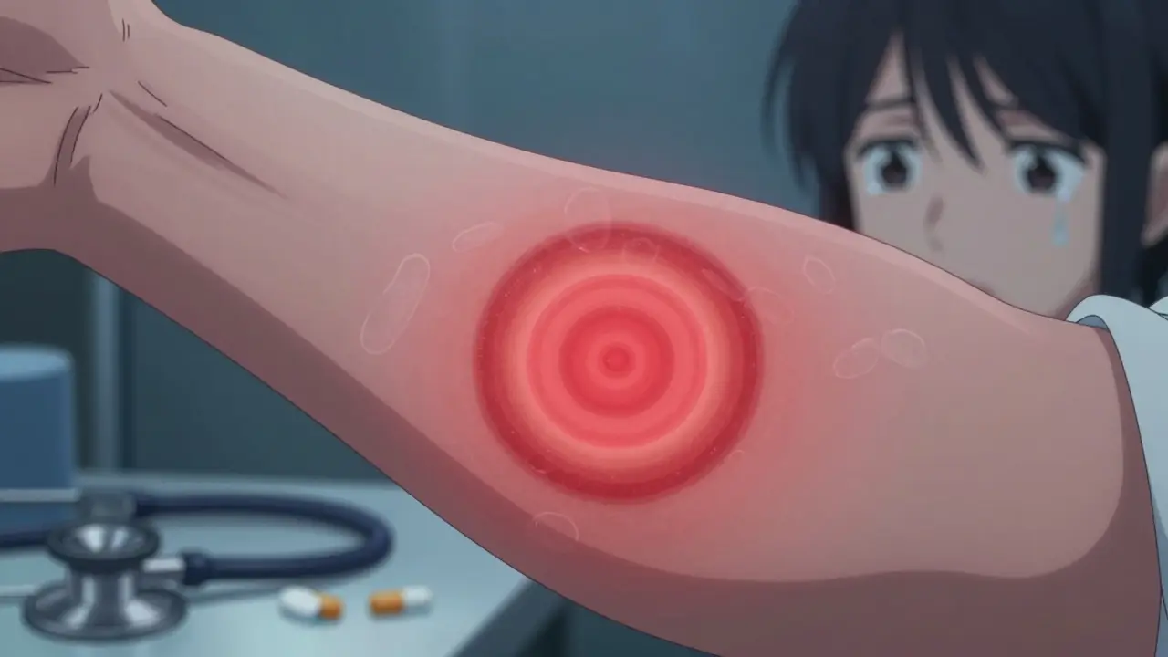 A person's arm displaying a glowing bull’s-eye rash with swirling bacteria beneath the skin.