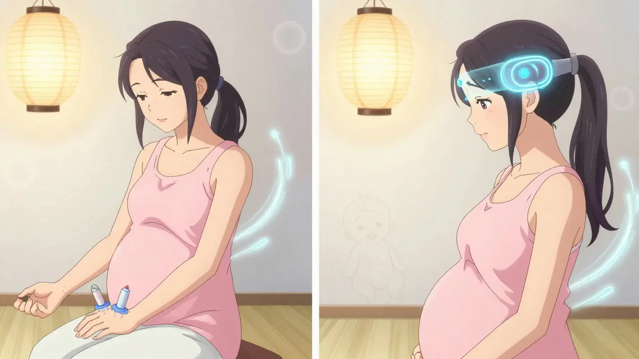 A pregnant and postpartum woman using acupuncture and biofeedback for migraine relief, surrounded by calming symbols.