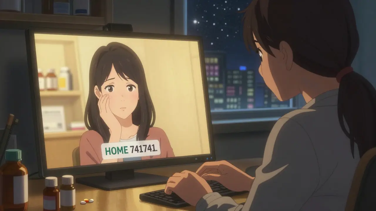 A young woman texts a crisis line, her face lit by a glowing screen, pills visible in an open cabinet behind her.