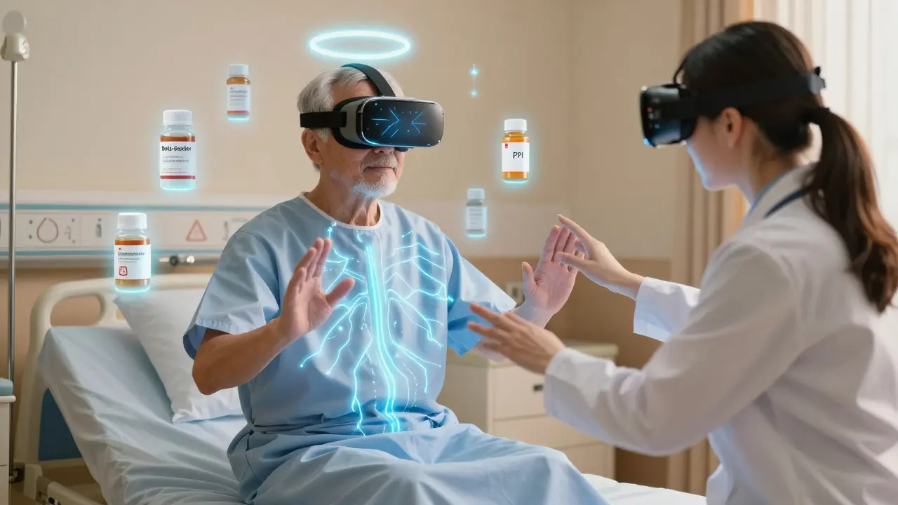 An elderly man using VR therapy for dizziness, surrounded by floating prescription bottles with warning symbols.