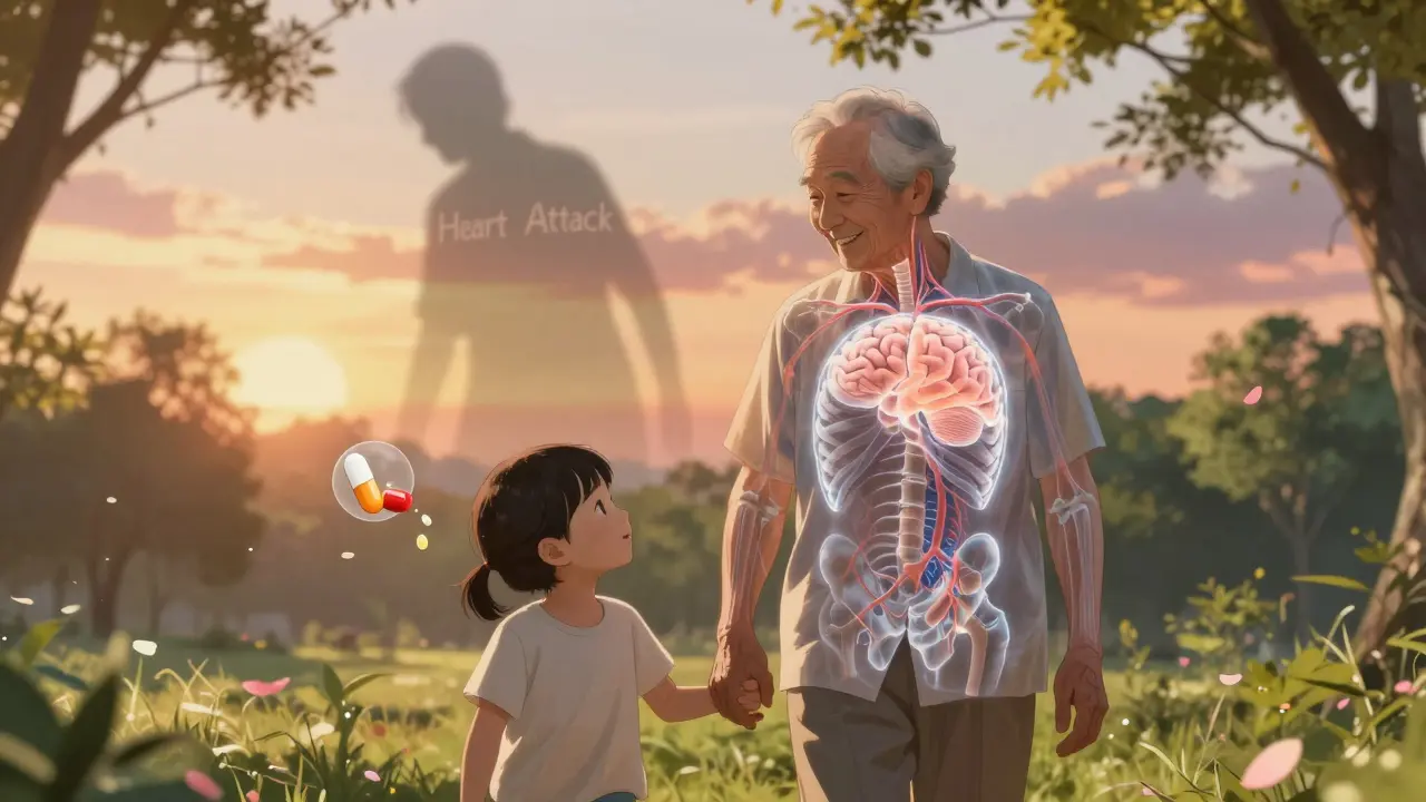 An elderly person walking happily with a grandchild, their healthy brain and arteries glowing as a shadow of heart attack fades away.