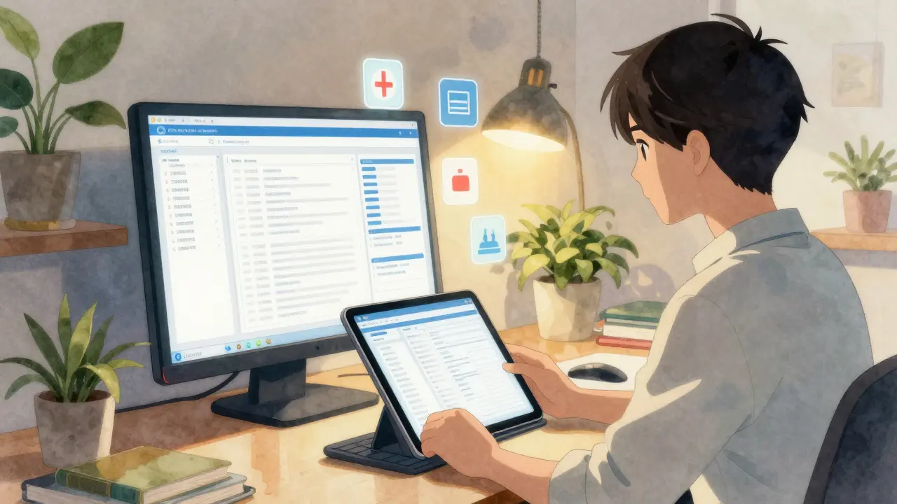 Anime style person searching health database on tablet