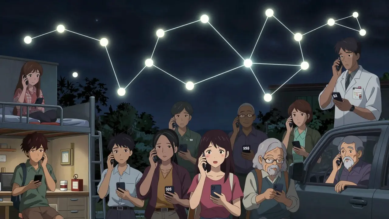 Diverse individuals across different settings all contacting crisis lines, connected by glowing threads of light forming a network above them.