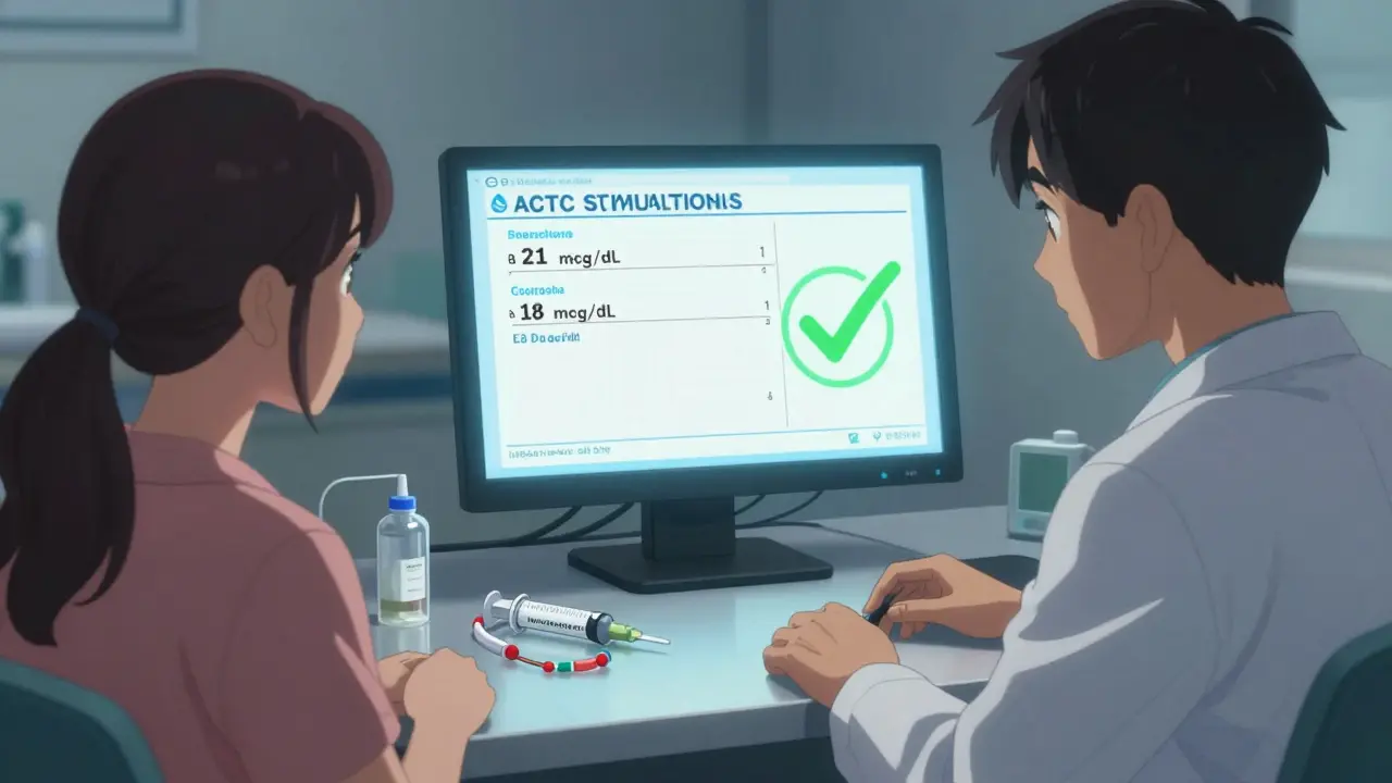 Doctor and patient reviewing ACTH test result showing cortisol level above safe threshold in clinic.