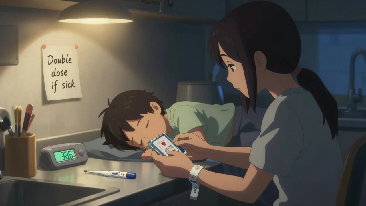 Family with medical alert bracelet and emergency injection kit, fever thermometer visible on counter.