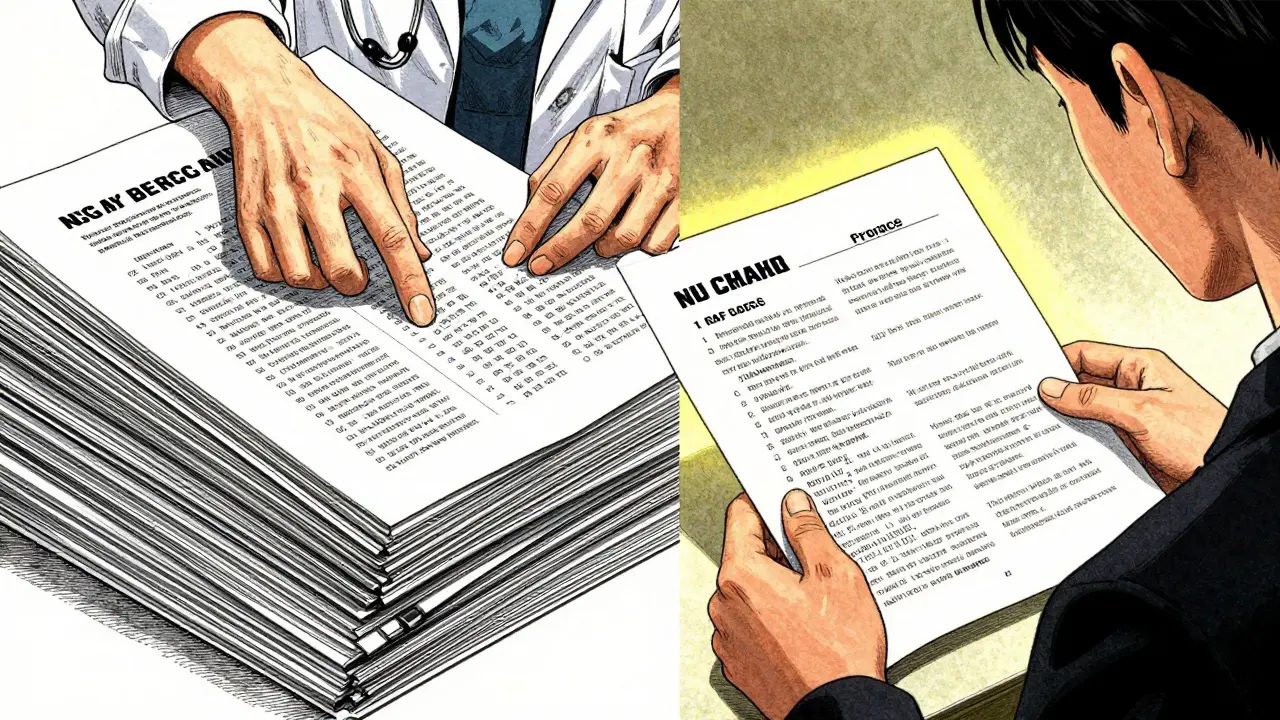 Manga style doctor reviewing thick technical medical manuals