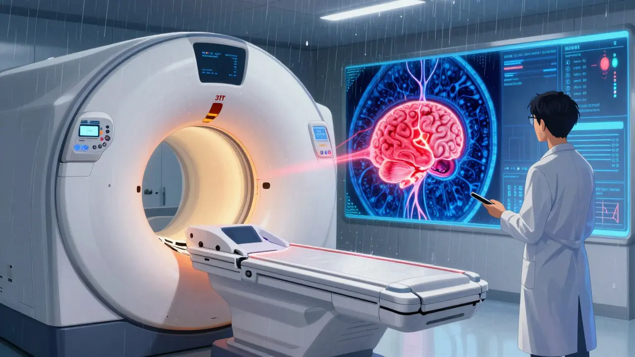 MRI scan of brain tumor with vivid crimson tumor and blue neural tissue, scar tissue vs. active tumor highlighted.