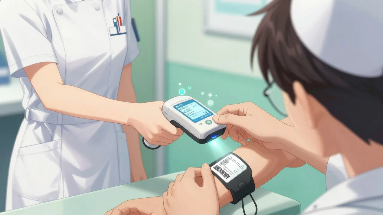 Nurse scanning wristband with barcode device