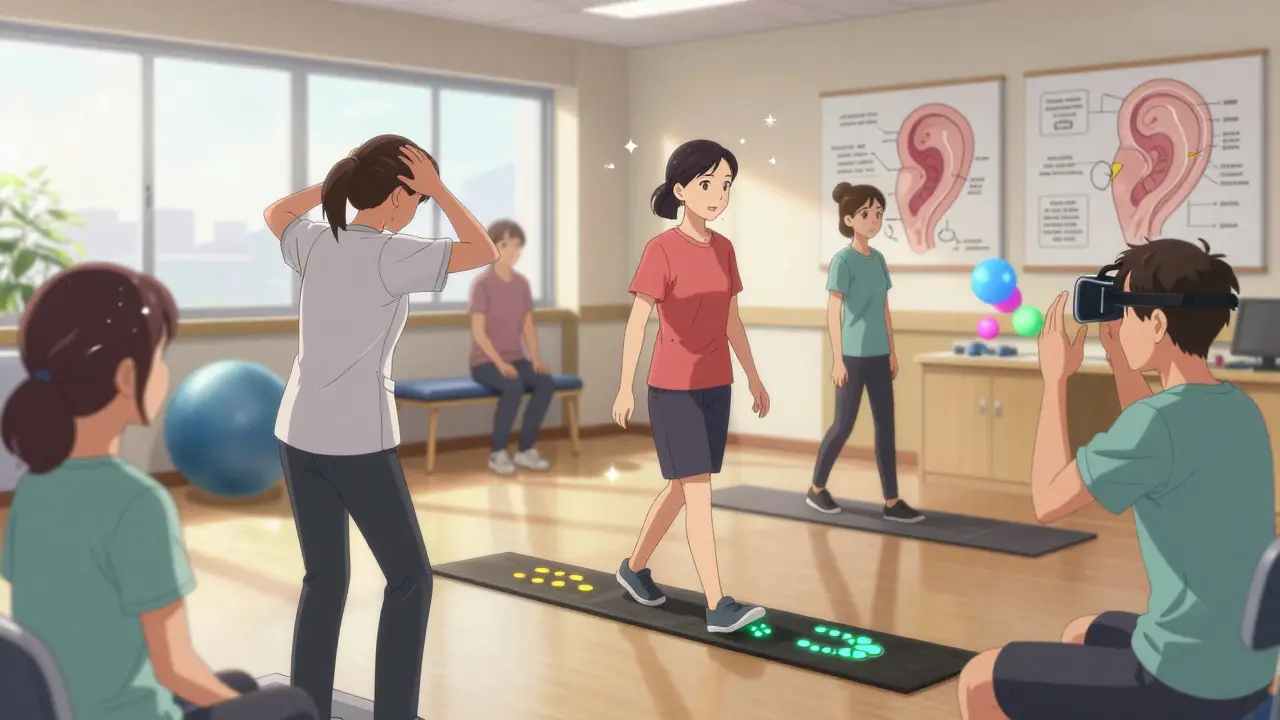 Patients undergoing vestibular rehabilitation with a therapist, using balance beams and VR goggles.