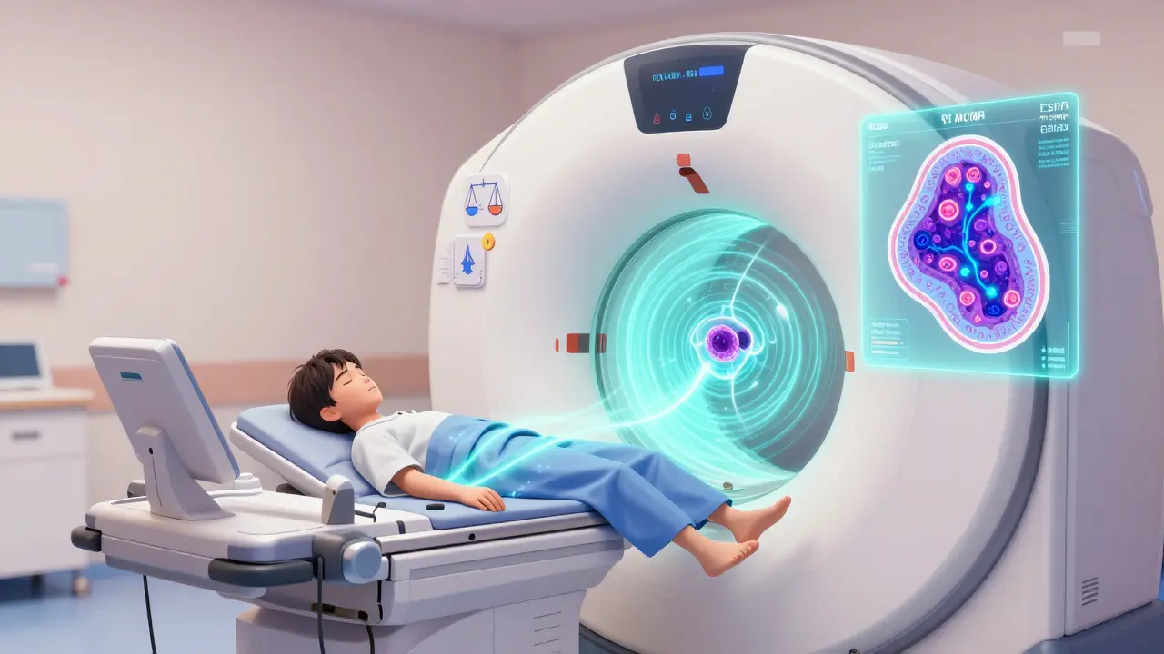 PET-MRI scanner with dual energy fields merging to map tumor in child, holographic PSMA data floating nearby.