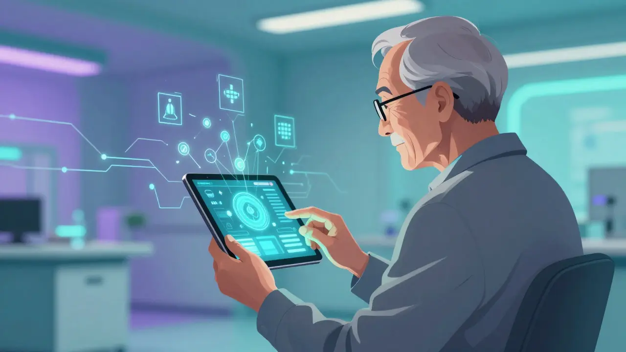 Senior woman using adaptive digital health tablet.