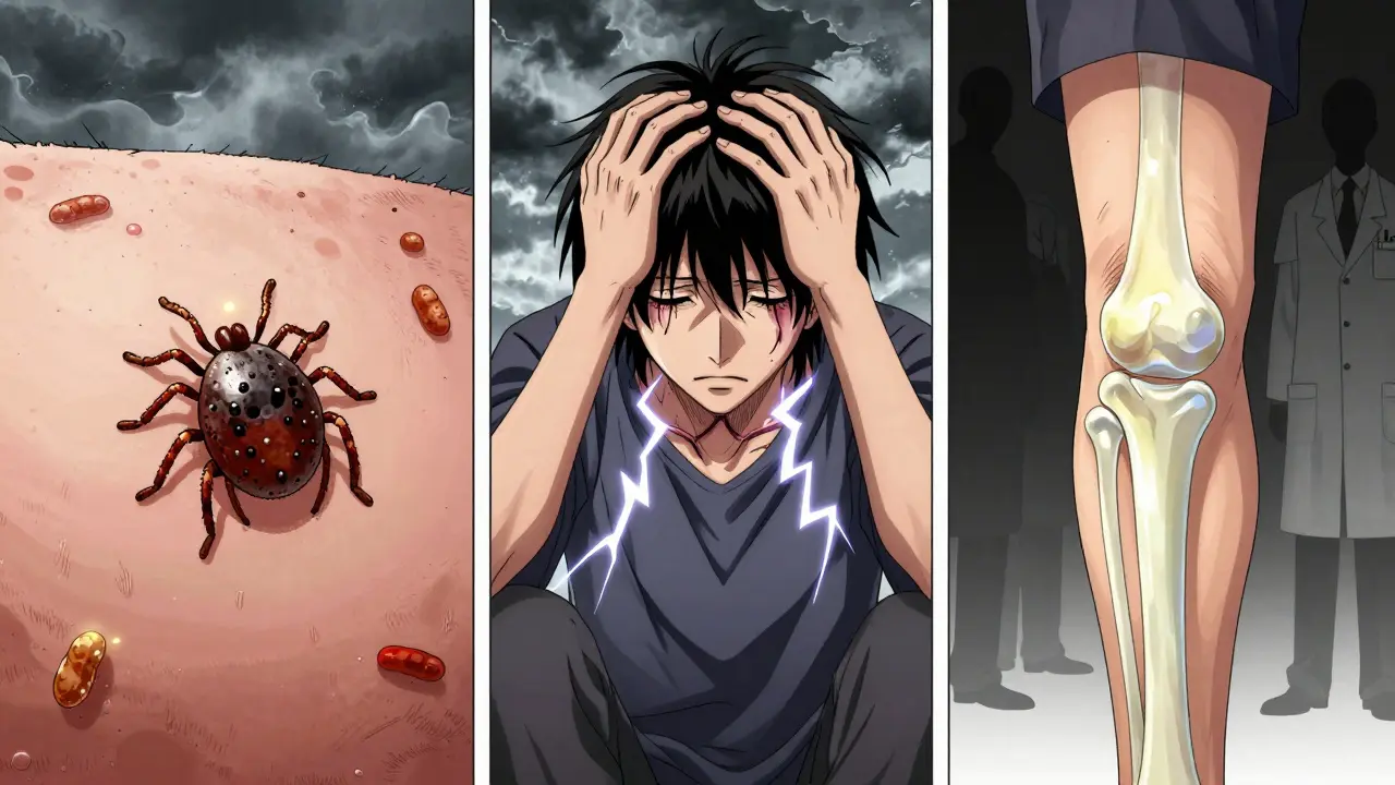 Three-panel manga-style progression of Lyme disease from tick bite to joint inflammation.
