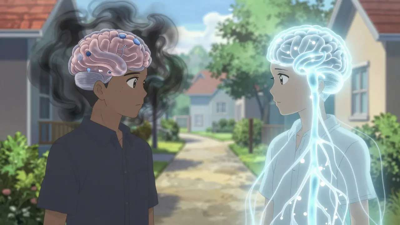 Two people side by side, one with a foggy brain from a lipophilic statin, the other with a clear brain from a hydrophilic statin.