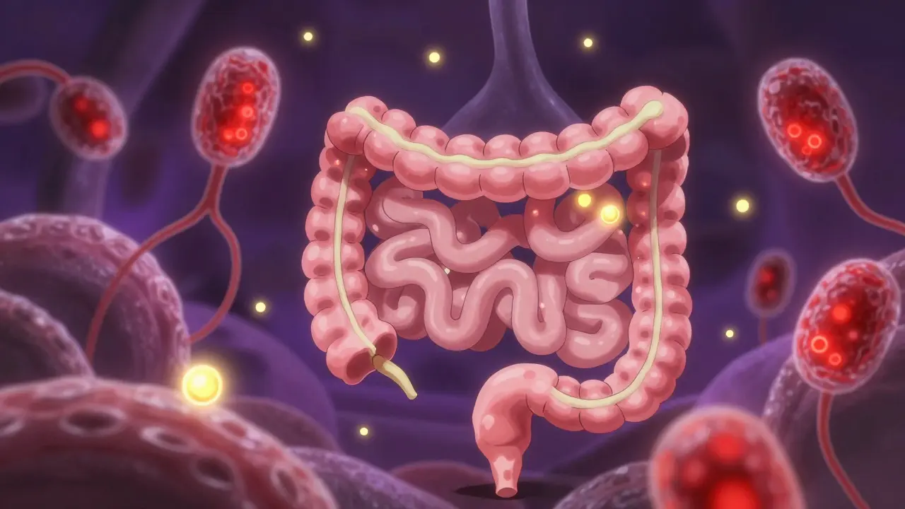 Abstract anime depiction of serotonin particles interacting with receptors in the gut.