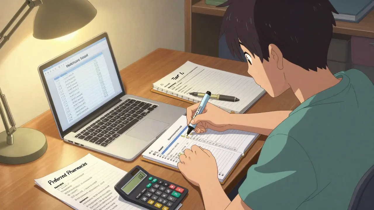 Anime character organizing medication lists and calculating costs at a desk