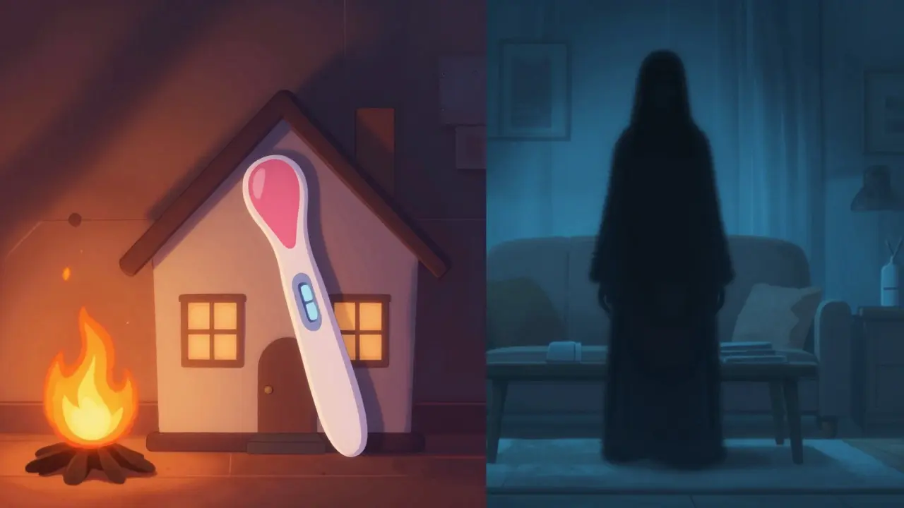 Anime conceptual art comparing a house on fire to a hidden intruder to explain medical testing