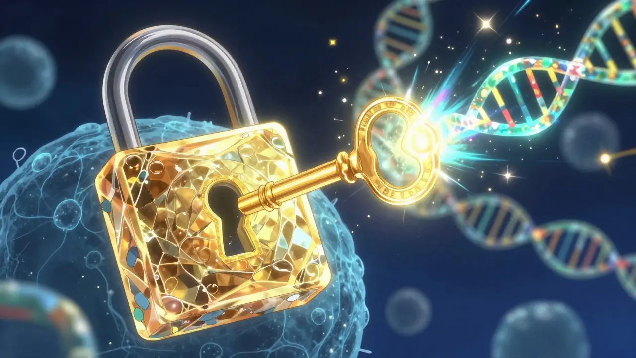 Anime conceptual art of a golden key unlocking a cellular receptor to activate DNA