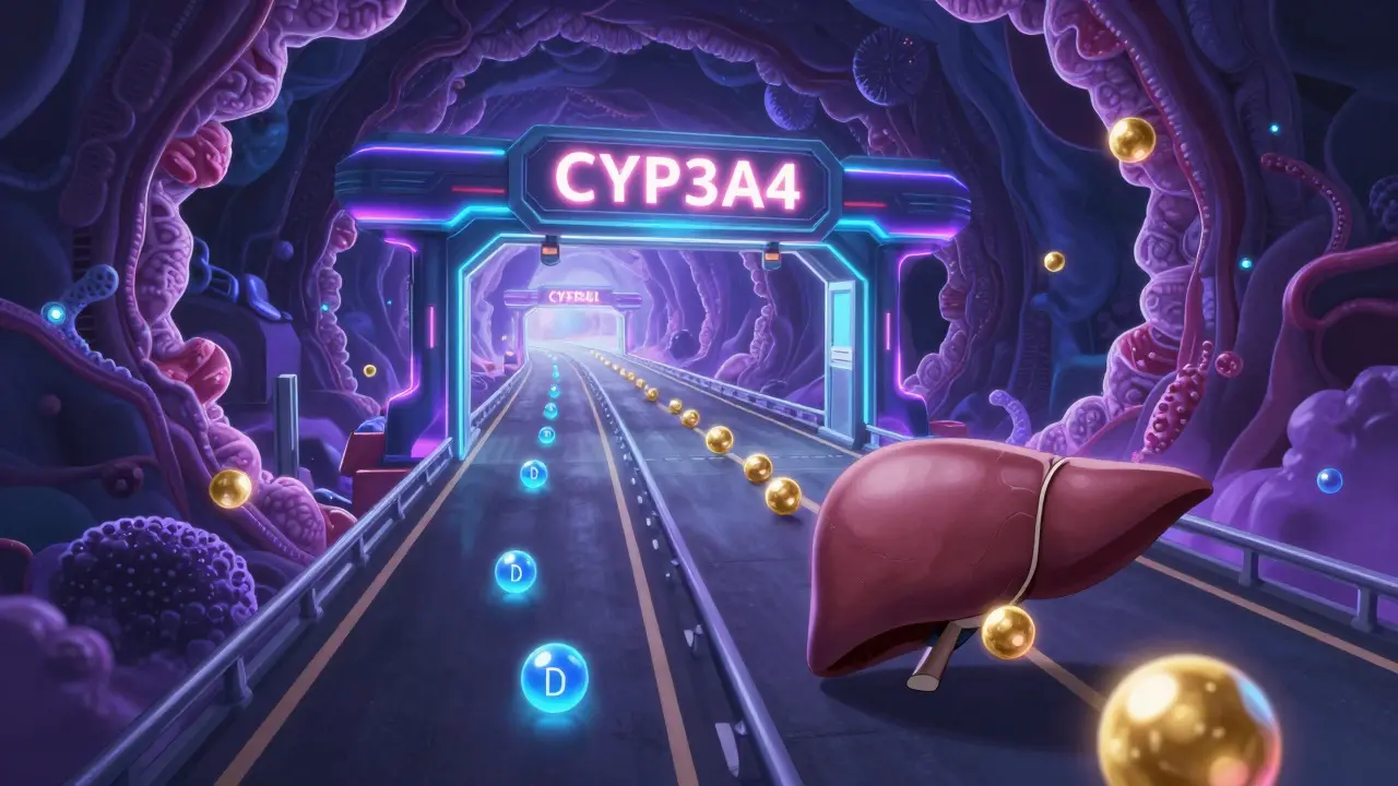 Anime conceptual view of Vitamin D and statins competing at a CYP3A4 enzyme gateway