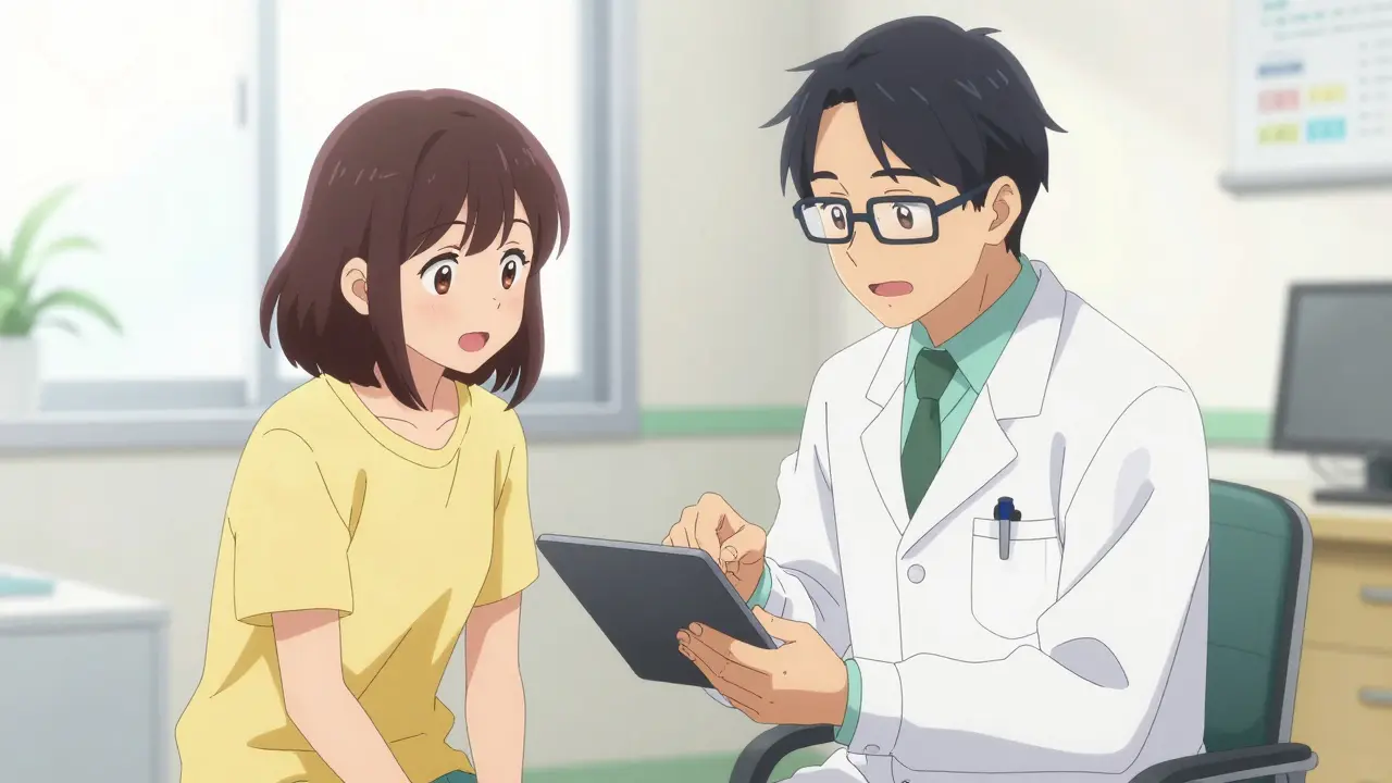 Anime doctor and patient discussing blood test results in a bright clinic