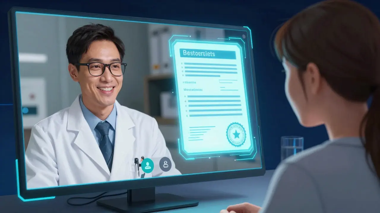 Anime doctor providing a digital prescription via a video call interface