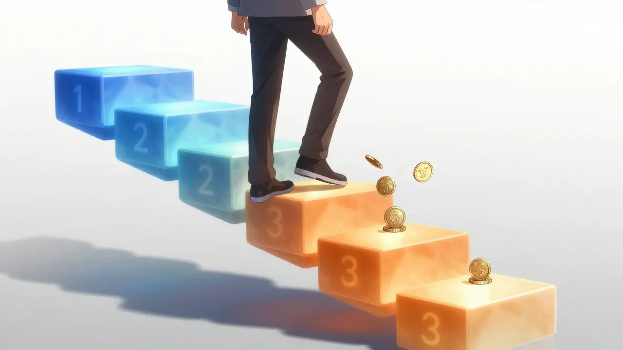 Anime person climbing a glowing ladder representing insurance drug tiers