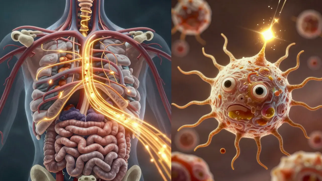 Anime split-screen showing systemic blood flow and a local immune cell activating Vitamin D