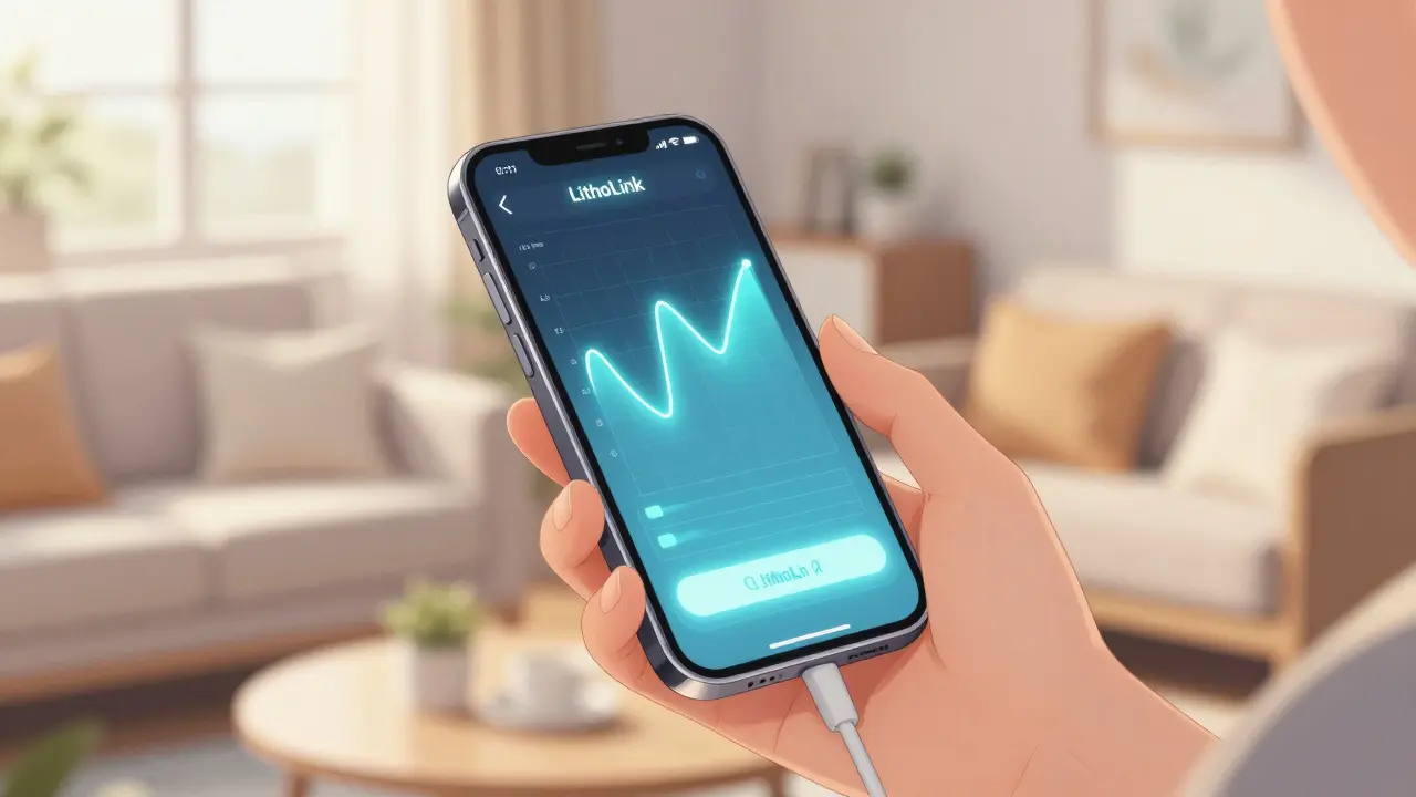 Anime style close-up of a hand holding a smartphone with a health monitoring graph.