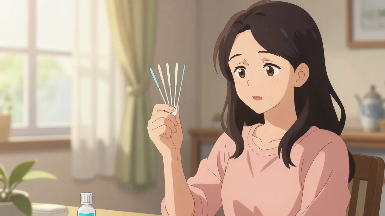 Anime style illustration of a woman comfortably using a self-collection HPV test kit at home
