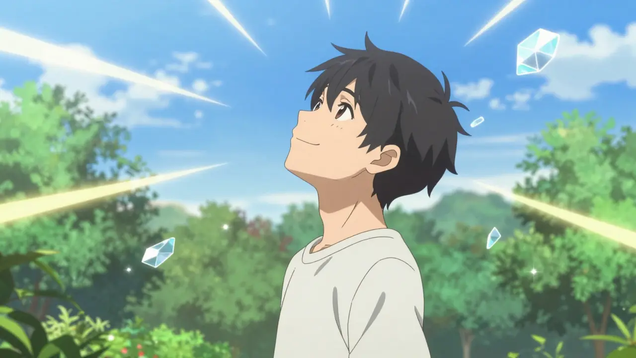 Happy anime character in a sunny park symbolizing mental clarity and recovery.