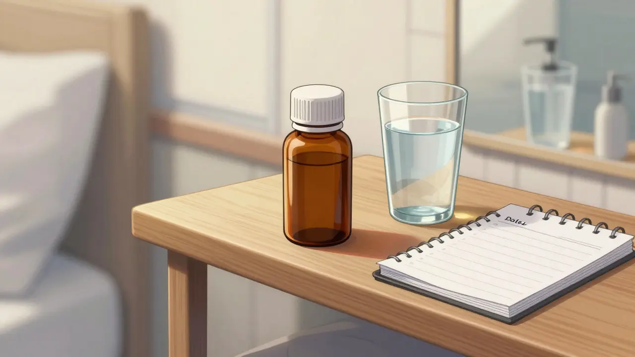 Medication bottle stored safely on a dry bedroom shelf in anime style