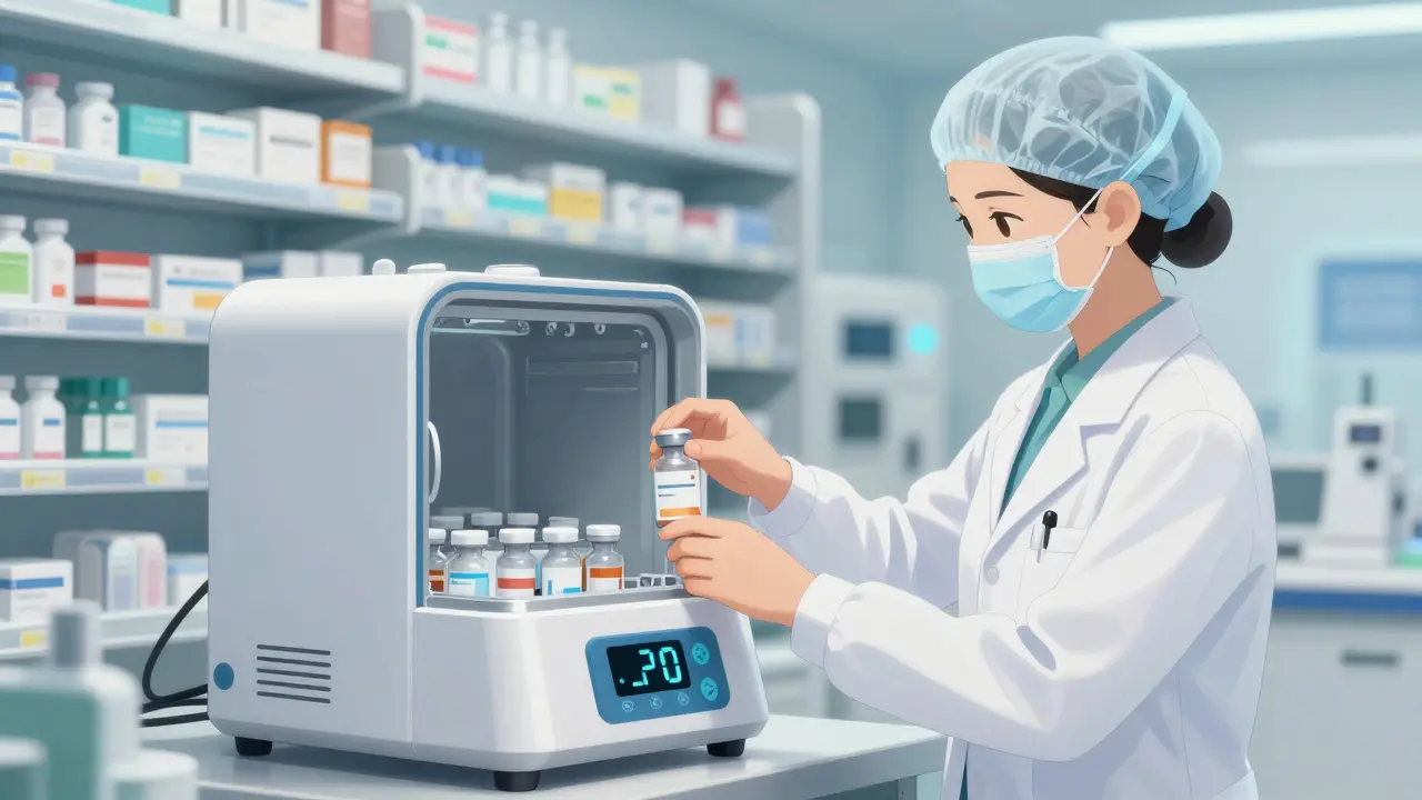 Pharmacist preparing temperature-controlled medication for shipping in anime style