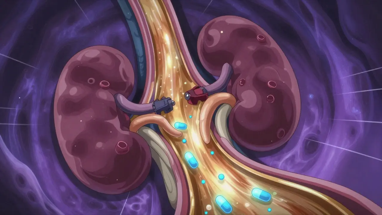Stylized anime depiction of lithium particles being reabsorbed into the bloodstream in a kidney.